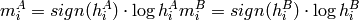 \begin{array}{l} m^A_i = sign(h^A_i)  \cdot \log{h^A_i} m^B_i = sign(h^B_i)  \cdot \log{h^B_i} \end{array}