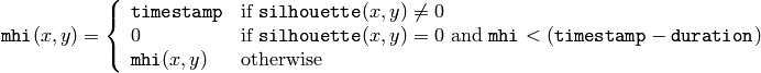 \texttt{mhi} (x,y)= \forkthree{\texttt{timestamp}}{if $\texttt{silhouette}(x,y) \ne 0$}{0}{if $\texttt{silhouette}(x,y) = 0$ and $\texttt{mhi} < (\texttt{timestamp} - \texttt{duration})$}{\texttt{mhi}(x,y)}{otherwise}