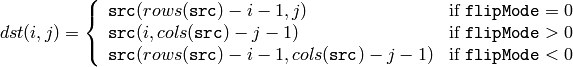 dst(i,j) =  \forkthree{\texttt{src}(rows(\texttt{src})-i-1,j)}{if $\texttt{flipMode} = 0$}{\texttt{src}(i,cols(\texttt{src})-j-1)}{if $\texttt{flipMode} > 0$}{\texttt{src}(rows(\texttt{src})-i-1,cols(\texttt{src})-j-1)}{if $\texttt{flipMode} < 0$}